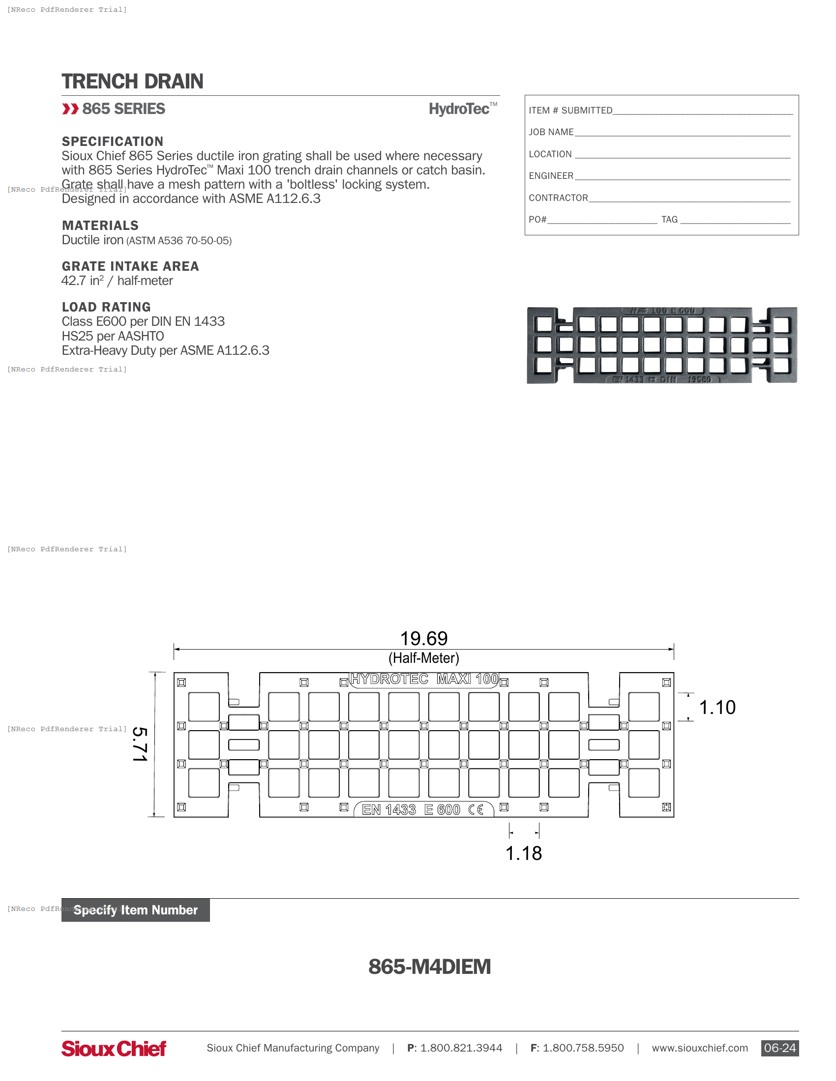 865-M4DIEM - HYDROTEC MAXI 100 GRATE CLASS E600 - SPEC SHEET.PDF Specification Document